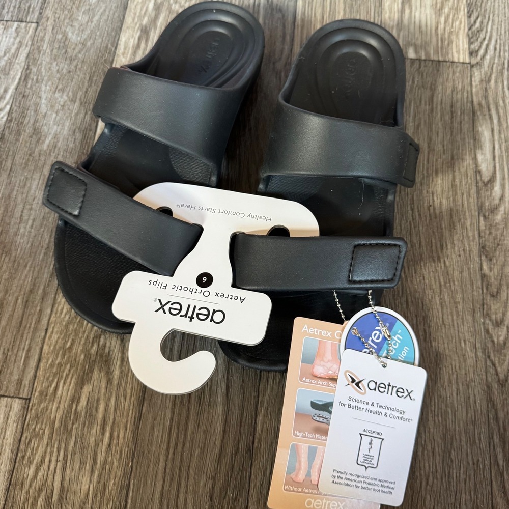 Aetrex Kaia Orthotic Slides Women Size 6 Black Adjustable Strap Sandals NEW